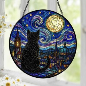 Black Cat Stained Glass Suncatcher, Starry Night Cat Window Hanging, Moon Cat Art Decor, Gift For Cat Lovers, Gothic Home Decor - Style 1