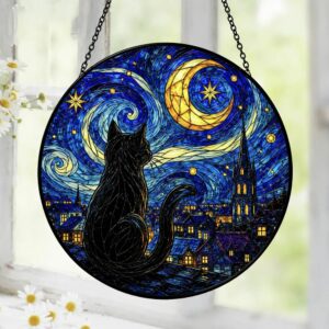 Black Cat Stained Glass Suncatcher, Starry Night Cat Window Hanging, Moon Cat Art Decor, Gift For Cat Lovers, Gothic Home Decor - Style 2