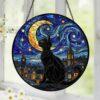 Black Cat Stained Glass Suncatcher, Starry Night Cat Window Hanging, Moon Cat Art Decor, Gift For Cat Lovers, Gothic Home Decor - Style 9