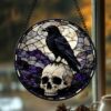 Black Raven Stained Glass Suncatcher Window Hangings, Halloween Black Raven And A Skeleton Door Hanger Suncatchers - Style 1