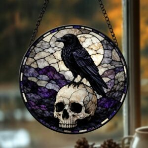 Black Raven Stained Glass Suncatcher Window Hangings, Halloween Black Raven And A Skeleton Door Hanger Suncatchers - Style 1