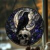 Black Raven Stained Glass Suncatcher Window Hangings, Halloween Black Raven And A Skeleton Door Hanger Suncatchers - Style 10