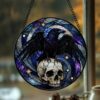 Black Raven Stained Glass Suncatcher Window Hangings, Halloween Black Raven And A Skeleton Door Hanger Suncatchers - Style 2