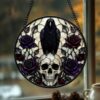 Black Raven Stained Glass Suncatcher Window Hangings, Halloween Black Raven And A Skeleton Door Hanger Suncatchers - Style 3