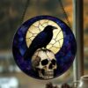 Black Raven Stained Glass Suncatcher Window Hangings, Halloween Black Raven And A Skeleton Door Hanger Suncatchers - Style 4