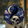 Black Raven Stained Glass Suncatcher Window Hangings, Halloween Black Raven And A Skeleton Door Hanger Suncatchers - Style 7