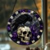 Black Raven Stained Glass Suncatcher Window Hangings, Halloween Black Raven And A Skeleton Door Hanger Suncatchers - Style 8