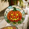 Cheerful Jack O Lantern Pumpkin Round Stained Glass Suncatcher Window Decor Halloween Gift For Spooky Season Lovers - Style 1
