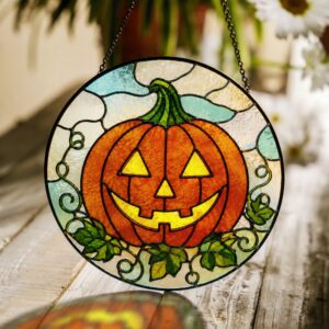 Cheerful Jack O Lantern Pumpkin Round Stained Glass Suncatcher Window Decor Halloween Gift For Spooky Season Lovers - Style 1