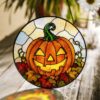 Cheerful Jack O Lantern Pumpkin Round Stained Glass Suncatcher Window Decor Halloween Gift For Spooky Season Lovers - Style 10