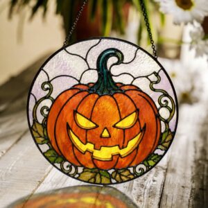 Cheerful Jack O Lantern Pumpkin Round Stained Glass Suncatcher Window Decor Halloween Gift For Spooky Season Lovers - Style 2