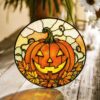 Cheerful Jack O Lantern Pumpkin Round Stained Glass Suncatcher Window Decor Halloween Gift For Spooky Season Lovers - Style 3