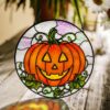 Cheerful Jack O Lantern Pumpkin Round Stained Glass Suncatcher Window Decor Halloween Gift For Spooky Season Lovers - Style 9