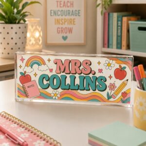 Custom Retro Groovy Teacher Name Plate, Personalized Acrylic Desk Sign, Teacher Appreciation Gift, Office Decor, Back To School Gift - Style 2