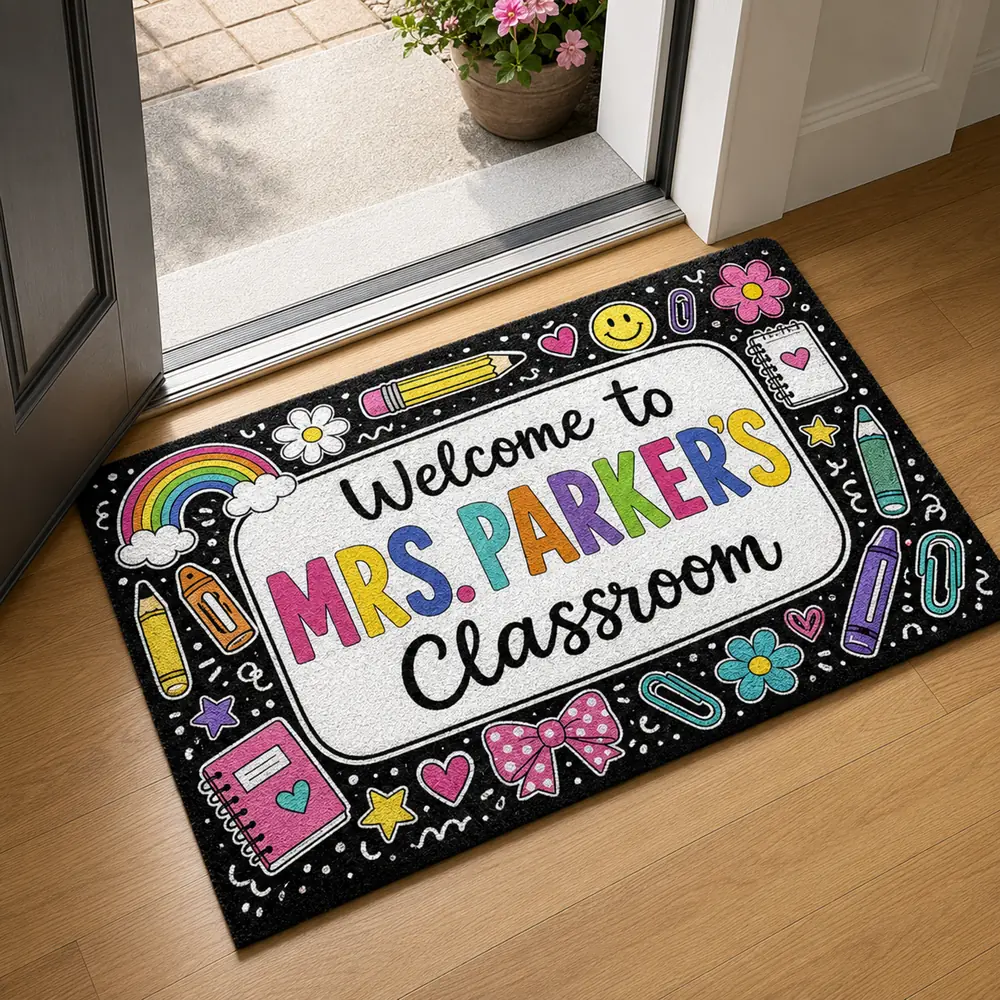 Custom Teacher Doormat, Classroom Welcome Sign, Colorful Doodle Border, Teacher Appreciation Gift - Style 1