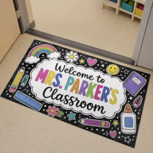 Custom Teacher Doormat, Classroom Welcome Sign, Colorful Doodle Border, Teacher Appreciation Gift - Style 2