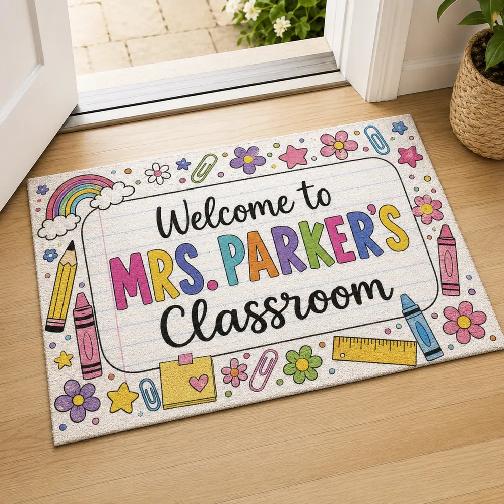 Custom Teacher Doormat, Classroom Welcome Sign, Colorful Doodle Border, Teacher Appreciation Gift - Style 3