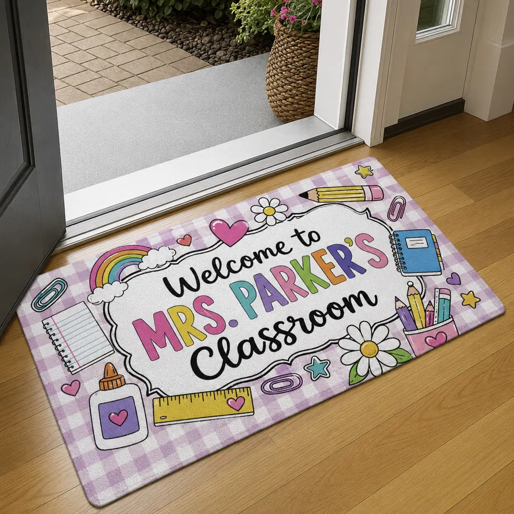 Custom Teacher Doormat, Classroom Welcome Sign, Colorful Doodle Border, Teacher Appreciation Gift - Style 4