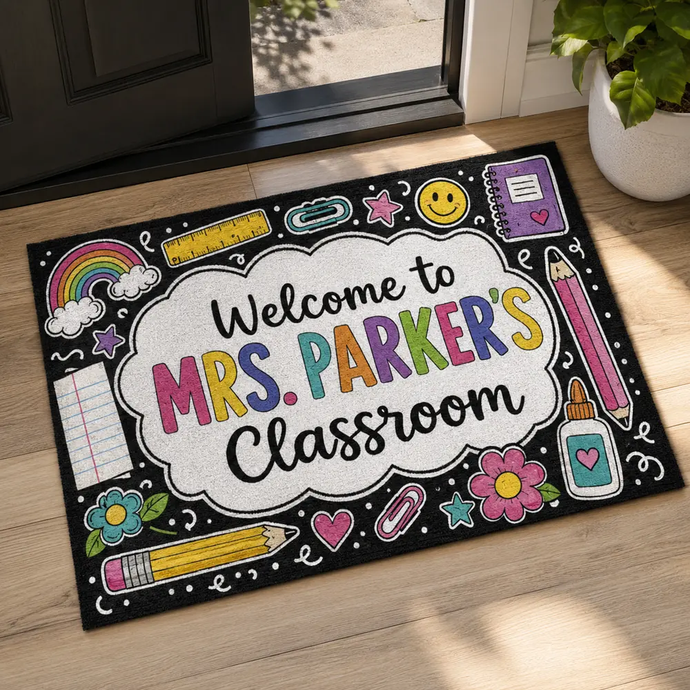 Custom Teacher Doormat, Classroom Welcome Sign, Colorful Doodle Border, Teacher Appreciation Gift - Style 5