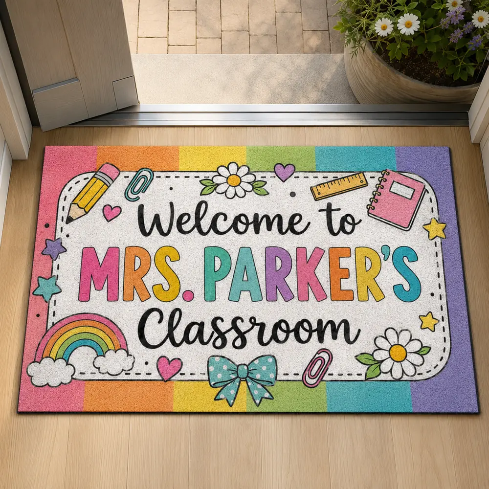 Custom Teacher Doormat, Classroom Welcome Sign, Colorful Doodle Border, Teacher Appreciation Gift - Style 6