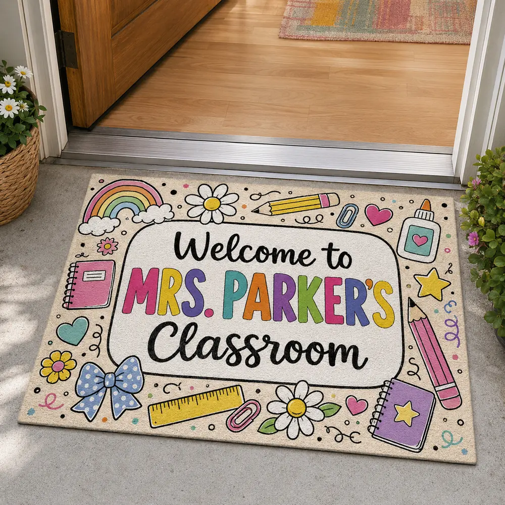 Custom Teacher Doormat, Classroom Welcome Sign, Colorful Doodle Border, Teacher Appreciation Gift - Style 7