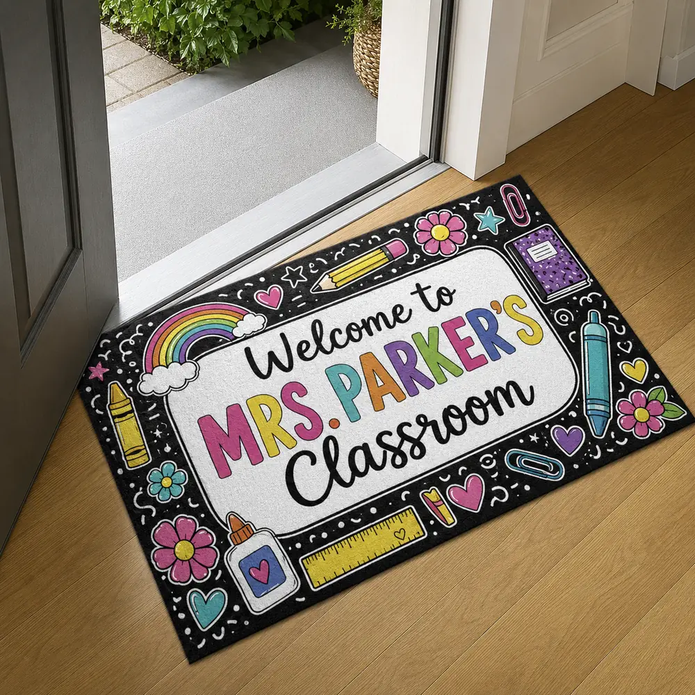 Custom Teacher Doormat, Classroom Welcome Sign, Colorful Doodle Border, Teacher Appreciation Gift - Style 8