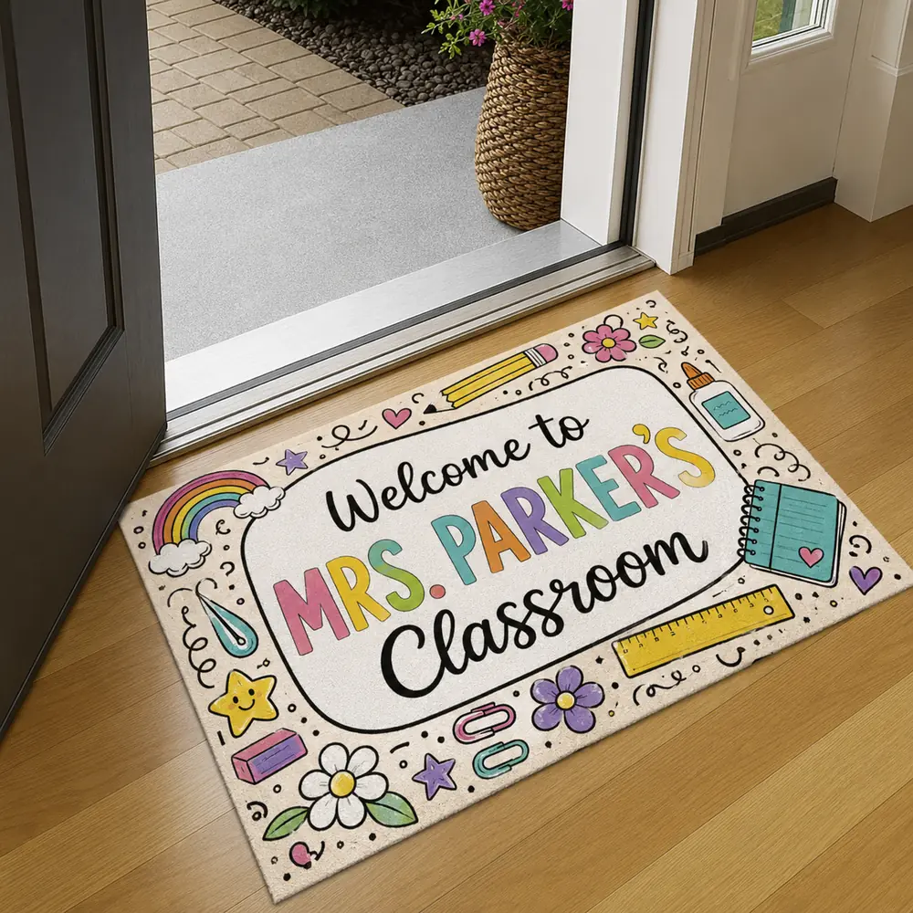 Custom Teacher Doormat, Classroom Welcome Sign, Colorful Doodle Border, Teacher Appreciation Gift - Style 9