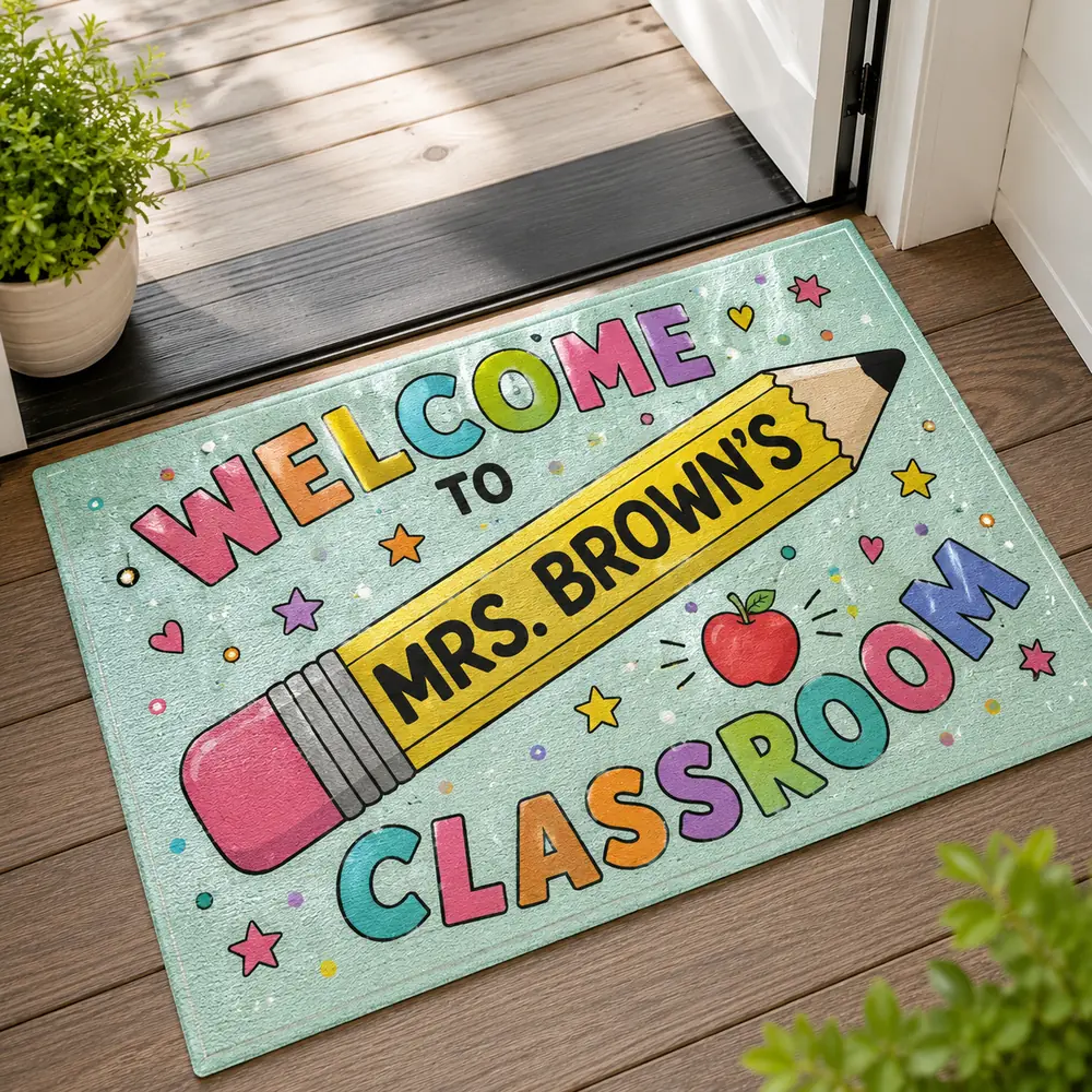 Custom Teacher Doormat Personalized Classroom Welcome Mat, Pencil School Entry Rug, Teacher Appreciation Gift - Style 2