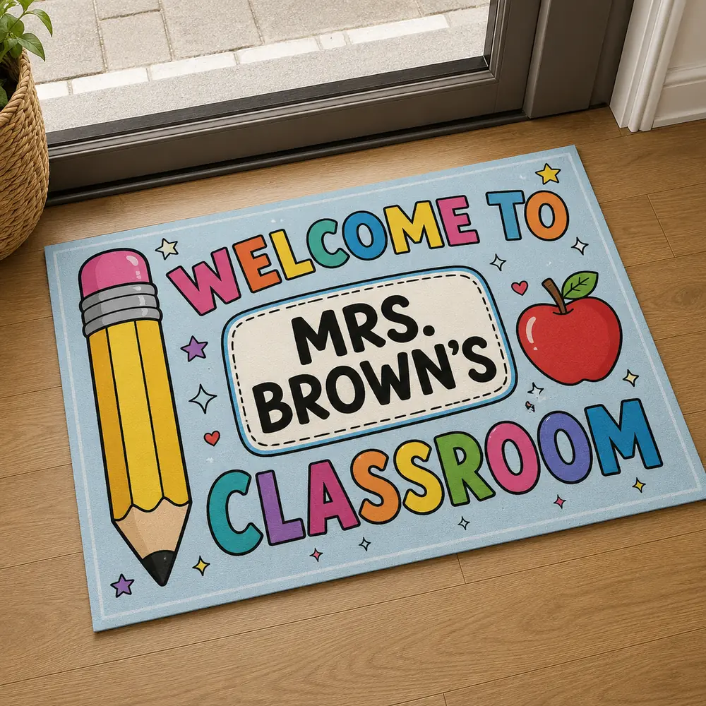 Custom Teacher Doormat Personalized Classroom Welcome Mat, Pencil School Entry Rug, Teacher Appreciation Gift - Style 3