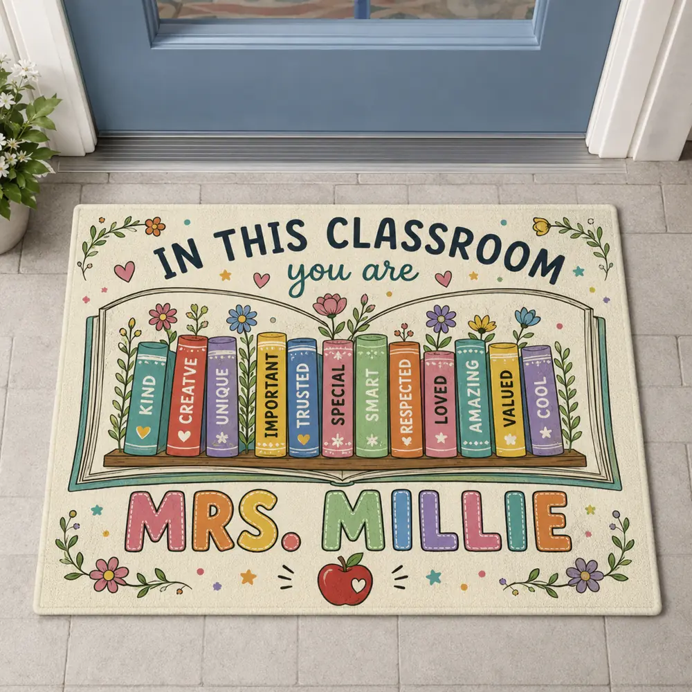 Custom Teacher Doormat With Name, Classroom Books Welcome Mat, Teacher Appreciation Gift - Style 3