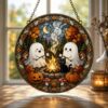 Cute Ghost Campfire Stained Glass Suncatcher, Cozy Autumn Window Hanging, Funny Halloween Ghost Pumpkin Ornament, Camping Birthday Gift - Style 1
