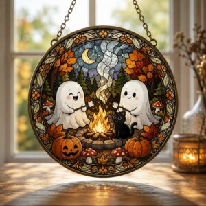 Cute Ghost Campfire Stained Glass Suncatcher, Cozy Autumn Window Hanging, Funny Halloween Ghost Pumpkin Ornament, Camping Birthday Gift - Style 1