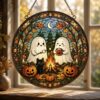 Cute Ghost Campfire Stained Glass Suncatcher, Cozy Autumn Window Hanging, Funny Halloween Ghost Pumpkin Ornament, Camping Birthday Gift - Style 10