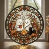Cute Ghost Campfire Stained Glass Suncatcher, Cozy Autumn Window Hanging, Funny Halloween Ghost Pumpkin Ornament, Camping Birthday Gift - Style 2