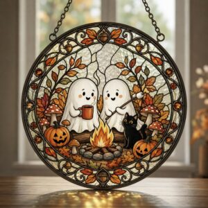 Cute Ghost Campfire Stained Glass Suncatcher, Cozy Autumn Window Hanging, Funny Halloween Ghost Pumpkin Ornament, Camping Birthday Gift - Style 2
