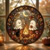Cute Ghost Campfire Stained Glass Suncatcher, Cozy Autumn Window Hanging, Funny Halloween Ghost Pumpkin Ornament, Camping Birthday Gift - Style 3