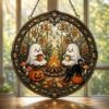 Cute Ghost Campfire Stained Glass Suncatcher, Cozy Autumn Window Hanging, Funny Halloween Ghost Pumpkin Ornament, Camping Birthday Gift - Style 4