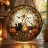 Cute Ghost Campfire Stained Glass Suncatcher, Cozy Autumn Window Hanging, Funny Halloween Ghost Pumpkin Ornament, Camping Birthday Gift - Style 5