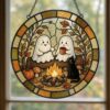 Cute Ghost Campfire Stained Glass Suncatcher, Cozy Autumn Window Hanging, Funny Halloween Ghost Pumpkin Ornament, Camping Birthday Gift - Style 6
