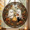 Cute Ghost Campfire Stained Glass Suncatcher, Cozy Autumn Window Hanging, Funny Halloween Ghost Pumpkin Ornament, Camping Birthday Gift - Style 7