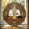 Cute Ghost Campfire Stained Glass Suncatcher, Cozy Autumn Window Hanging, Funny Halloween Ghost Pumpkin Ornament, Camping Birthday Gift - Style 8