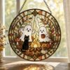 Cute Ghost Campfire Stained Glass Suncatcher, Cozy Autumn Window Hanging, Funny Halloween Ghost Pumpkin Ornament, Camping Birthday Gift - Style 9