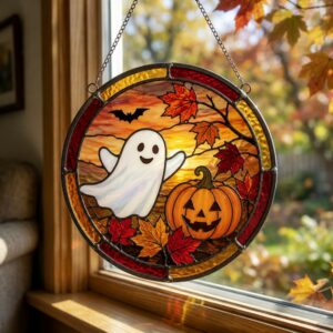 Fall Ghost Stained Glass Suncatcher, Pumpkin Maples Leaves Window Hanging, Autumn Halloween Decor, Fall Vibes Gift - Style 1