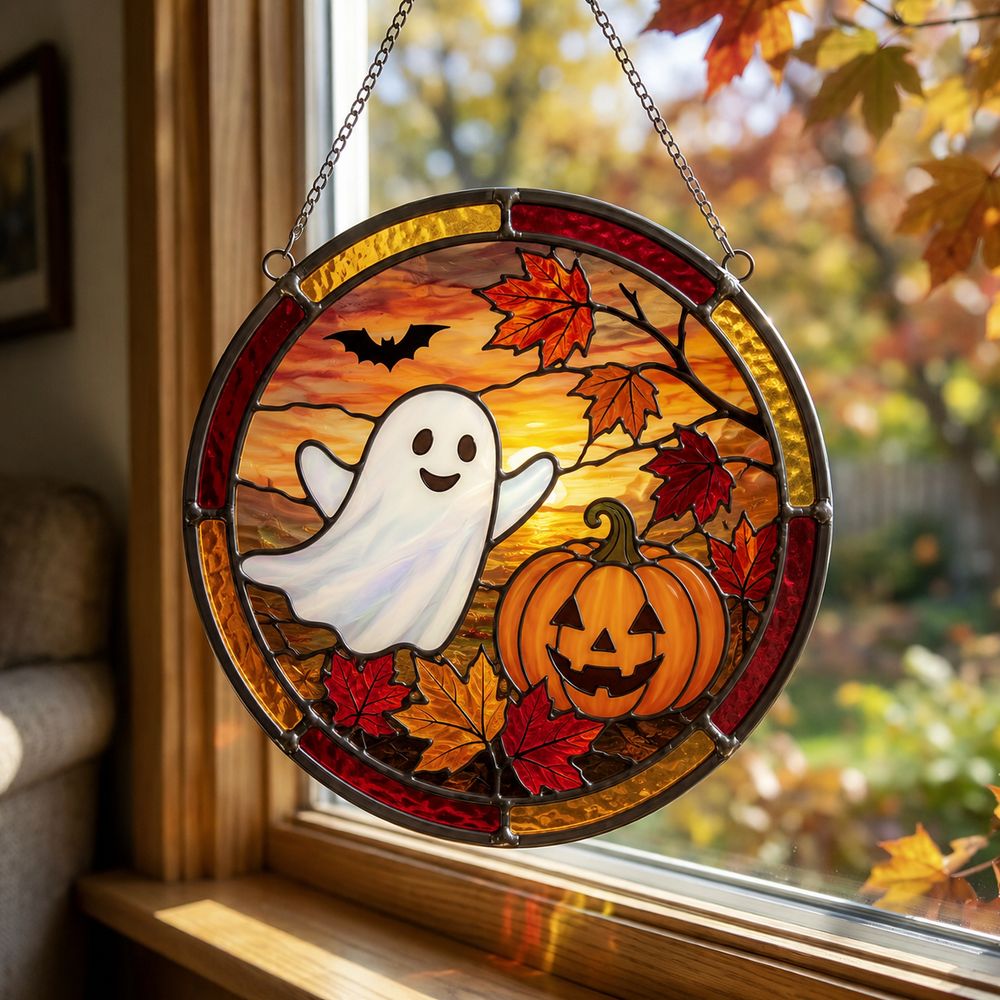 Fall Ghost Stained Glass Suncatcher, Pumpkin Maples Leaves Window Hanging, Autumn Halloween Decor, Fall Vibes Gift - Style 1