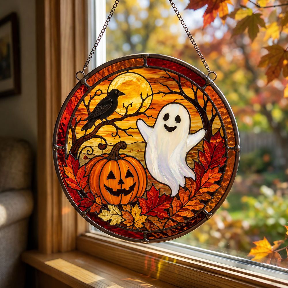 Fall Ghost Stained Glass Suncatcher, Pumpkin Maples Leaves Window Hanging, Autumn Halloween Decor, Fall Vibes Gift - Style 10