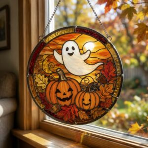 Fall Ghost Stained Glass Suncatcher, Pumpkin Maples Leaves Window Hanging, Autumn Halloween Decor, Fall Vibes Gift - Style 2