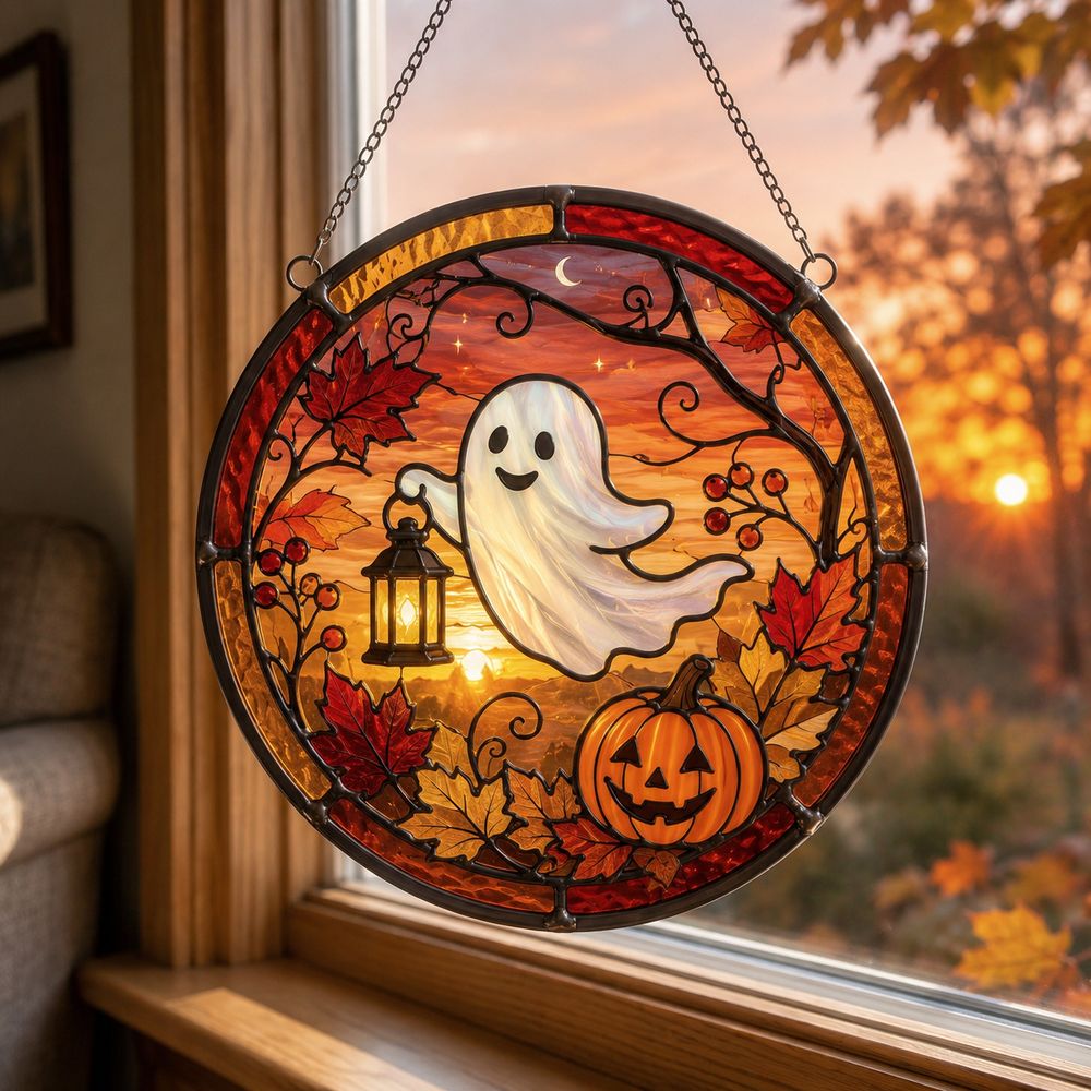 Fall Ghost Stained Glass Suncatcher, Pumpkin Maples Leaves Window Hanging, Autumn Halloween Decor, Fall Vibes Gift - Style 3