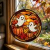 Fall Ghost Stained Glass Suncatcher, Pumpkin Maples Leaves Window Hanging, Autumn Halloween Decor, Fall Vibes Gift - Style 4