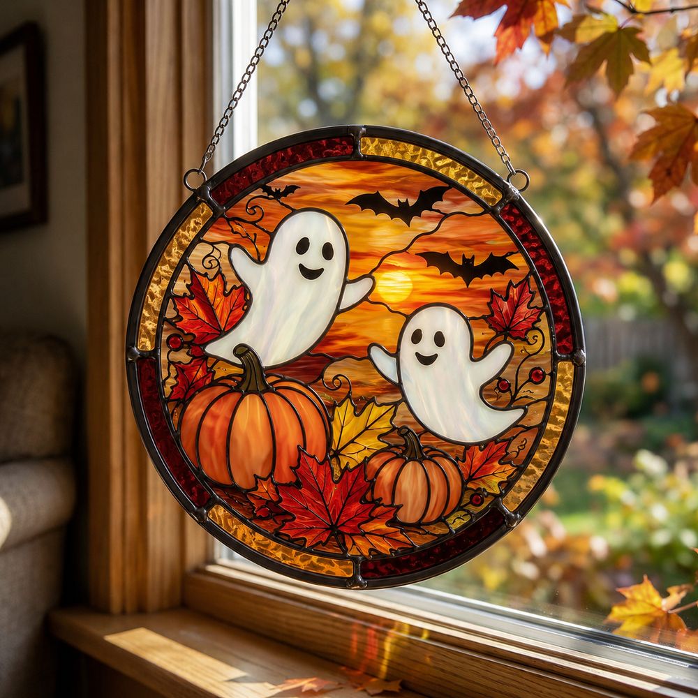 Fall Ghost Stained Glass Suncatcher, Pumpkin Maples Leaves Window Hanging, Autumn Halloween Decor, Fall Vibes Gift - Style 4