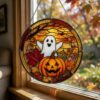 Fall Ghost Stained Glass Suncatcher, Pumpkin Maples Leaves Window Hanging, Autumn Halloween Decor, Fall Vibes Gift - Style 5